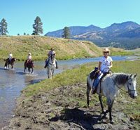 Riders crossing a river